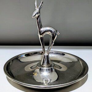 Large Chrome-Plated Brass Deer Ring Dish/Vintage Mid-Century Jewelry Tray
